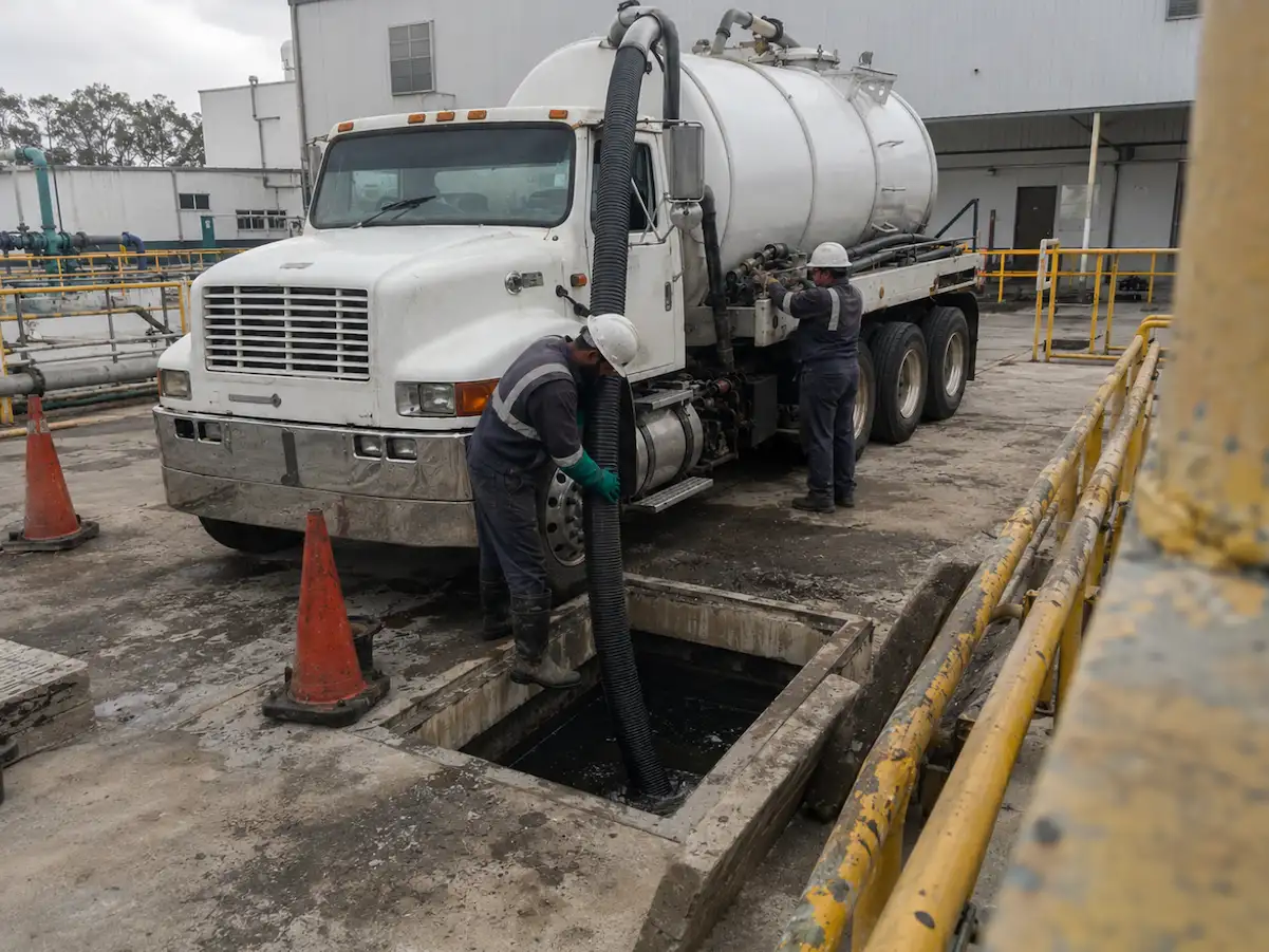 Cami&oacute;n vactor succionando la descarga de una nave industrial