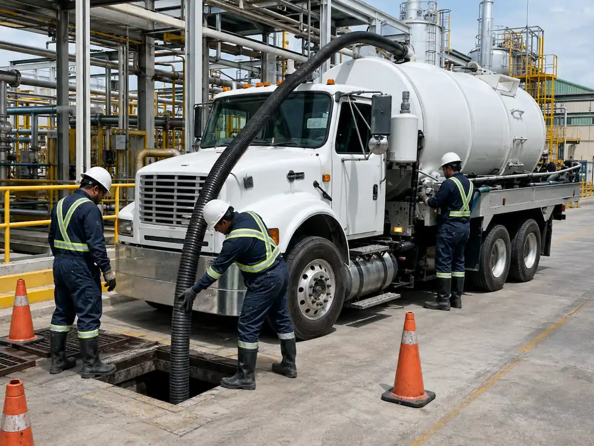 Cami&oacute;n vactor succionando un registro de descarga en una nave industrial del corredor de CIVAC, en Jiutepec