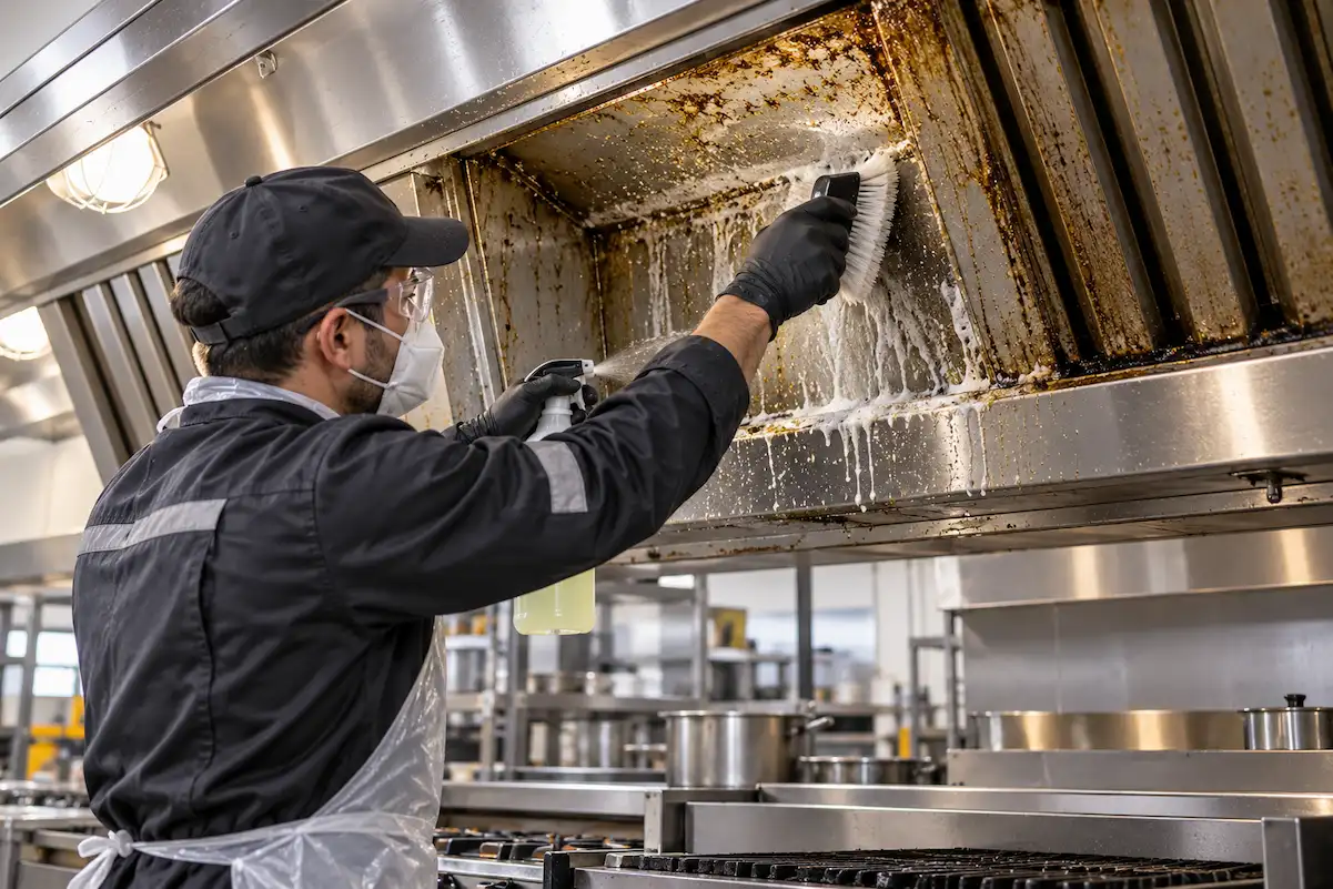 T&eacute;cnico desengrasando la campana extractora de una cocina industrial con los filtros retirados
